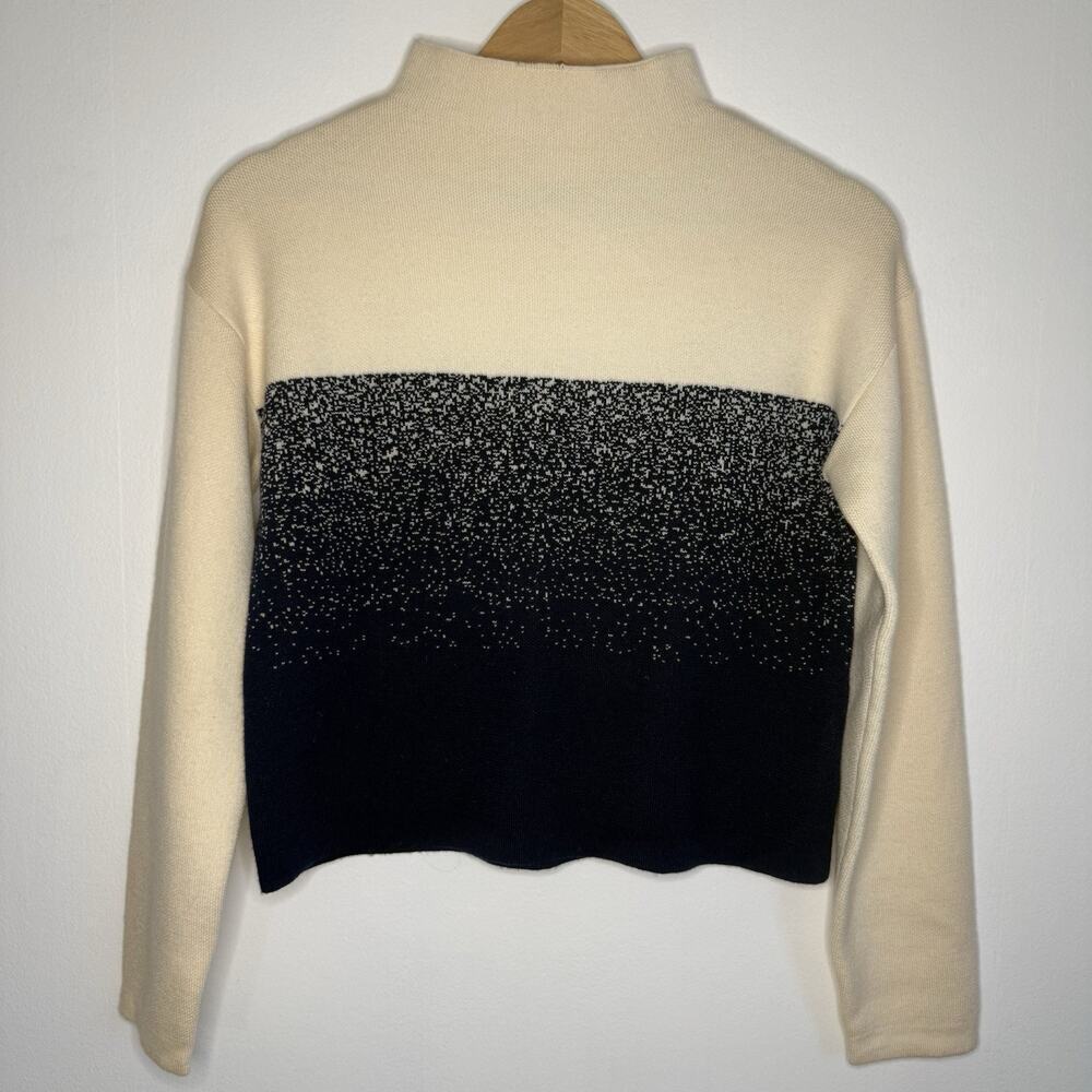 Margaret O' Leary Mock Neck Merino Wool Cream Navy Colorblock Dot Sweater Xs
